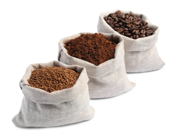 Tassen Met Verschillende Soorten Koffie Witte Achtergrond — Stockfoto