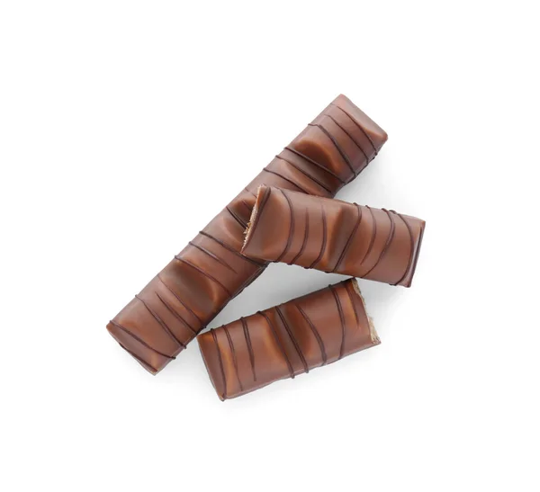 Morceaux Barres Chocolat Savoureux Sur Fond Blanc Vue Dessus — Photo