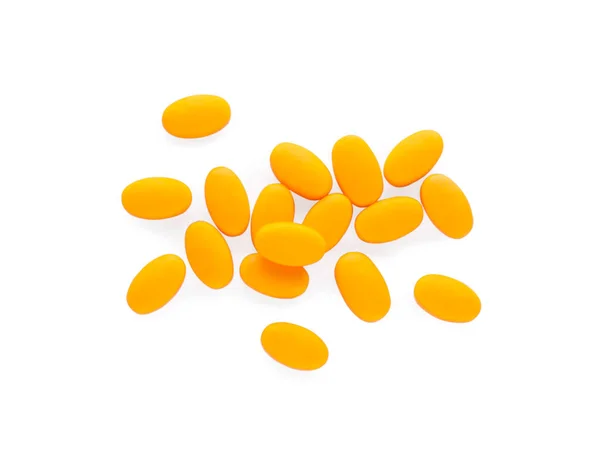 Ízletes Narancs Dragee Cukorka Fehér Háttér Felső Nézet — Stock Fotó