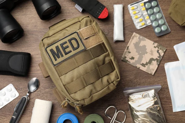 Military First Aid Kit Wooden Table Flat Lay — Stock Photo, Image