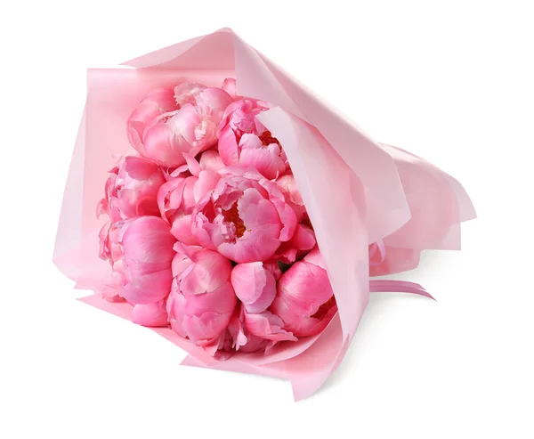 Beautiful bouquet of pink peonies isolated on white