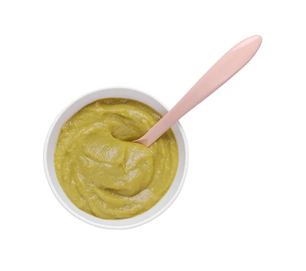 Bowl Healthy Baby Food Spoon Isolated White Top View — Stock Photo, Image