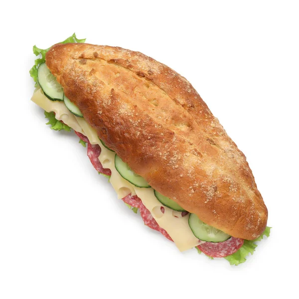 Смачний Бутерброд Огірком Сиром Салямі Листям Салату Ізольовані Білому Вид — стокове фото