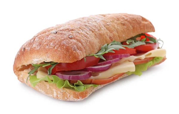 Délicieux Sandwich Aux Légumes Frais Fromage Isolé Sur Blanc — Photo