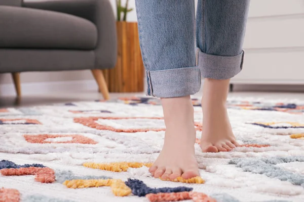 Woman Standing Soft Carpet Home Closeup — Stock Photo, Image