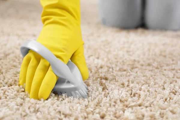 Woman Cleaning Carpet Brush Indoors Closeup Space Text — Stock Photo, Image