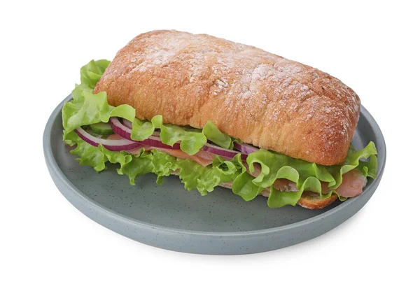 Delicioso Sándwich Con Verduras Frescas Salmón Sobre Mesa Mármol Blanco — Foto de Stock