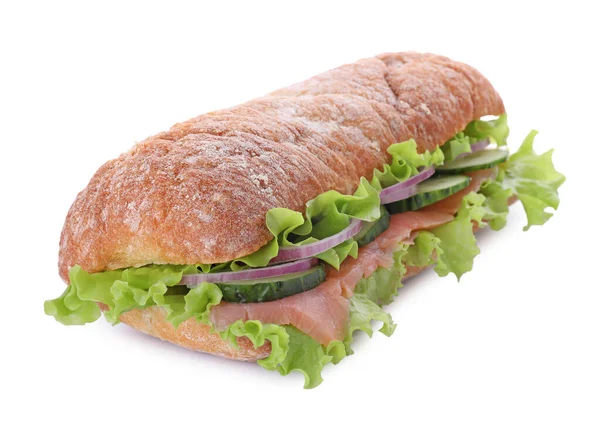 Смачний Бутерброд Свіжими Овочами Лососем Ізольовані Білому — стокове фото