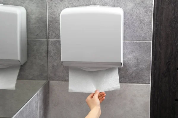 Woman Taking New Fresh Paper Towel Dispenser Bathroom Closeup — Stock Photo, Image