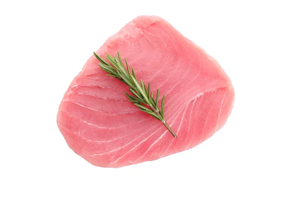 Daging Tuna Mentah Dan Rosemary Terisolasi Pada Warna Putih Untuk — Stok Foto