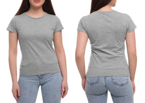 Mujer Con Camiseta Gris Casual Sobre Fondo Blanco Primer Plano — Foto de Stock