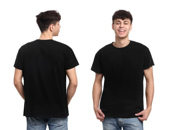 Collage Con Fotos Hombre Camiseta Negra Sobre Fondo Blanco Espalda —  Fotos de Stock