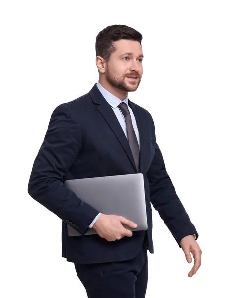 Όμορφος Γενειοφόρος Επιχειρηματίας Κοστούμι Φορητό Υπολογιστή Λευκό Φόντο — Φωτογραφία Αρχείου