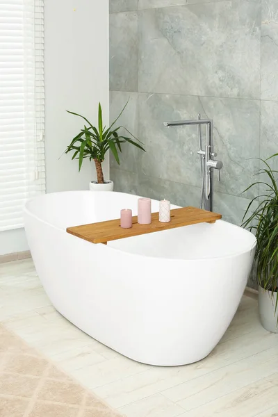 아름다운 욕조와 가정용 화초가 아름다운 목욕탕 내부의 아름다운 목욕탕 — 스톡 사진