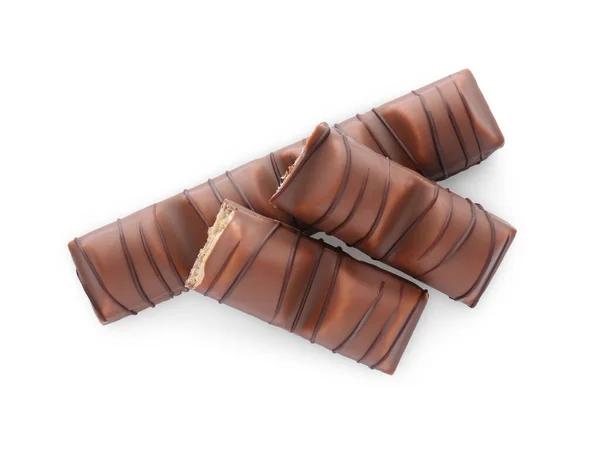 Trozos Sabrosas Barras Chocolate Sobre Fondo Blanco Vista Superior —  Fotos de Stock