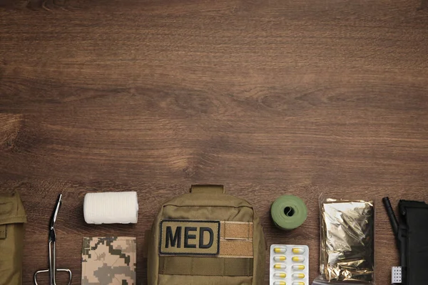 Military First Aid Kit Wooden Table Flat Lay Space Text — Stock Photo, Image