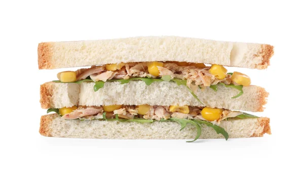 Смачний Бутерброд Тунцем Кукурудзою Зеленню Білому Тлі — стокове фото