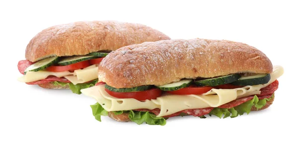 Смачні Бутерброди Свіжими Овочами Сиром Салямі Ізольовані Білому — стокове фото