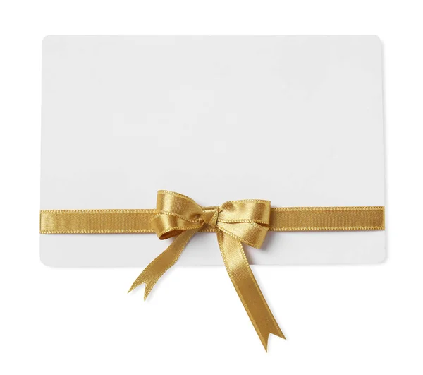 Blanco Cadeaukaart Met Gouden Strik Geïsoleerd Wit Bovenaanzicht — Stockfoto