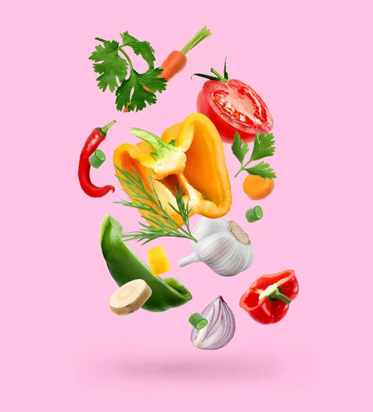 Спайс Мікс Приготування Їжі Набір Падаючих Свіжих Овочів Трав Рожевому — стокове фото