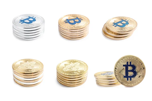 Collage Con Muchos Bitcoins Sobre Fondo Blanco — Foto de Stock