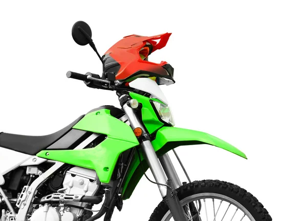 Motocicleta Cruz Verde Elegante Capacete Fundo Branco Close — Fotografia de Stock