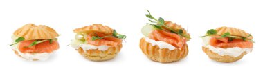 Beyaz arka planda somon ve krem peynirli lezzetli profiteroller, kolaj tasarımı.