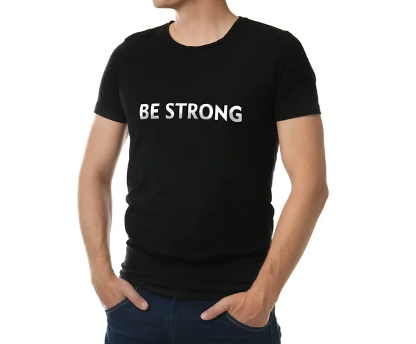 Motivationsfloskel Mann Schwarzem Shirt Mit Der Aufschrift Strong Auf Weißem — Stockfoto