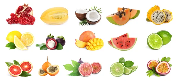 Colagem Com Muitas Frutas Frescas Exóticas Fundo Branco — Fotografia de Stock