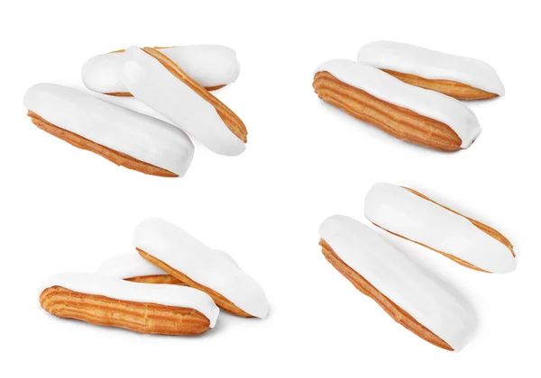 Collage Tasty Glazed Eclairs White Background Top Side Views — Stock Photo, Image