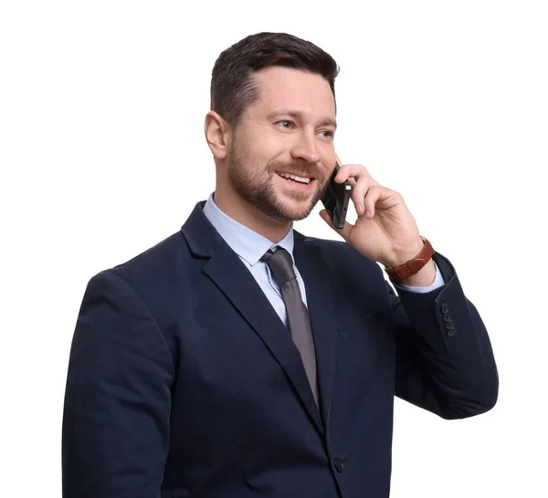 Handsome Bearded Businessman Suit Talking Smartphone White Background — Stock Photo, Image