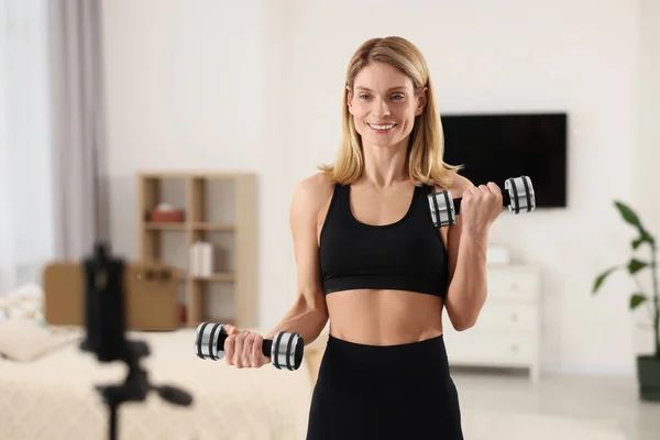 Fitness Trainer Recording Online Classes Home — Stock Photo, Image