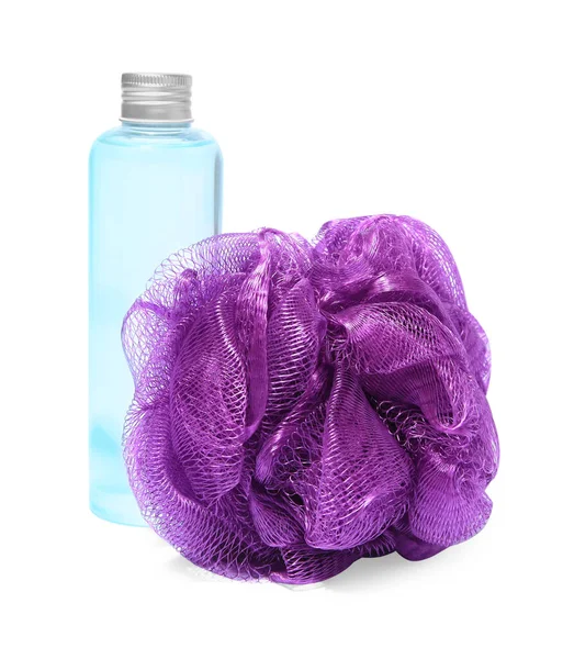 白色背景的新紫色淋浴露和化妆品瓶 — 图库照片