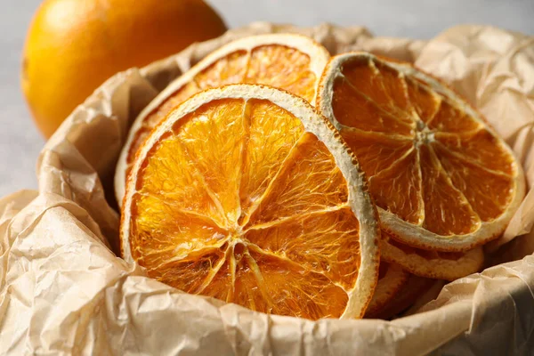Many Dry Orange Slices Table Closeup — Stockfoto