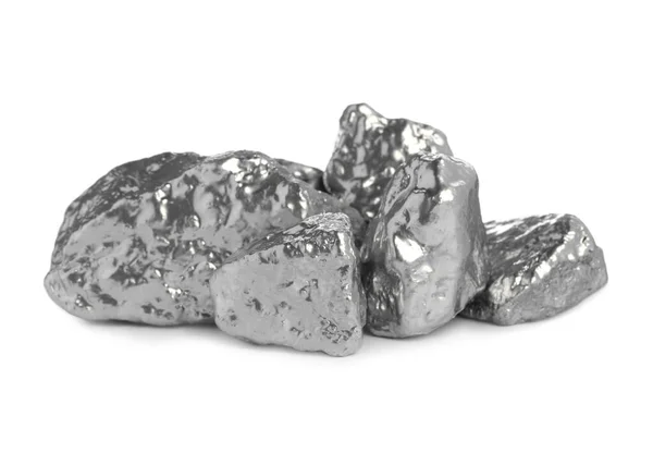 Många Glänsande Silver Nuggets Vit Bakgrund — Stockfoto