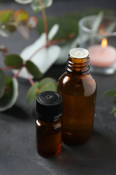 Bottles Eucalyptus Essential Oil Plant Branches Grey Table — Stock Photo, Image