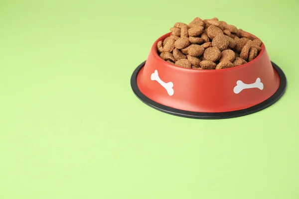 stock image Dry dog food in feeding bowl on light green background. Space for text