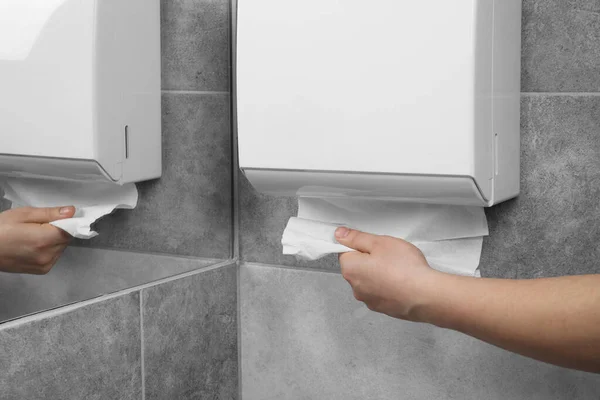 Woman Taking New Fresh Paper Towels Dispenser Bathroom Closeup Space — Stock Photo, Image