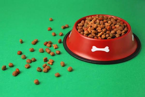 Dry pet food in feeding bowl on green background