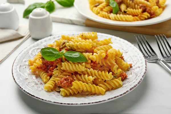 Delicious Pasta Minced Meat Basil Served White Table Closeup — Stock Photo, Image