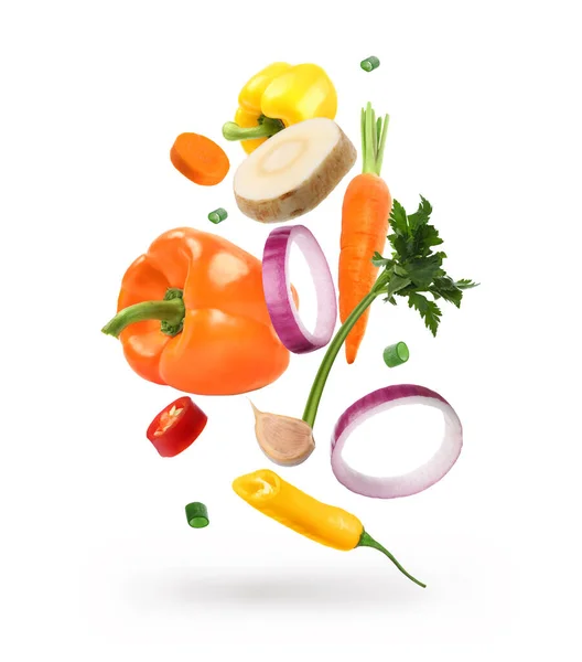 Fűszerkeverék Ételhez Zuhanó Friss Zöldségek Fűszernövények Készlete Fehér Alapon — Stock Fotó