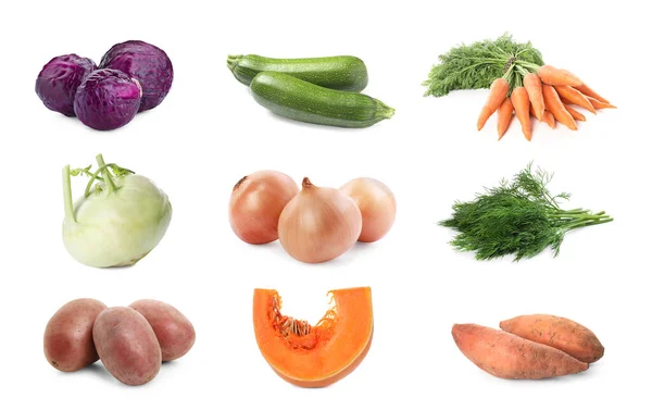 Collage Many Fresh Vegetables White Background — Stock Photo, Image