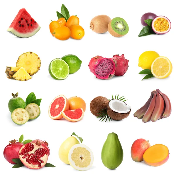 Colagem Com Muitas Frutas Frescas Exóticas Fundo Branco — Fotografia de Stock