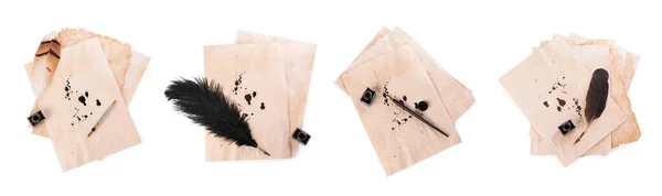 Veel Vellen Perkament Met Inktvlekken Inkt Verschillende Pennen Witte Achtergrond — Stockfoto