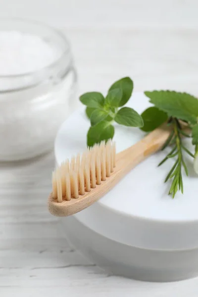 Toothbrush Dental Products Herbs White Wooden Table Closeup — Stock Photo, Image