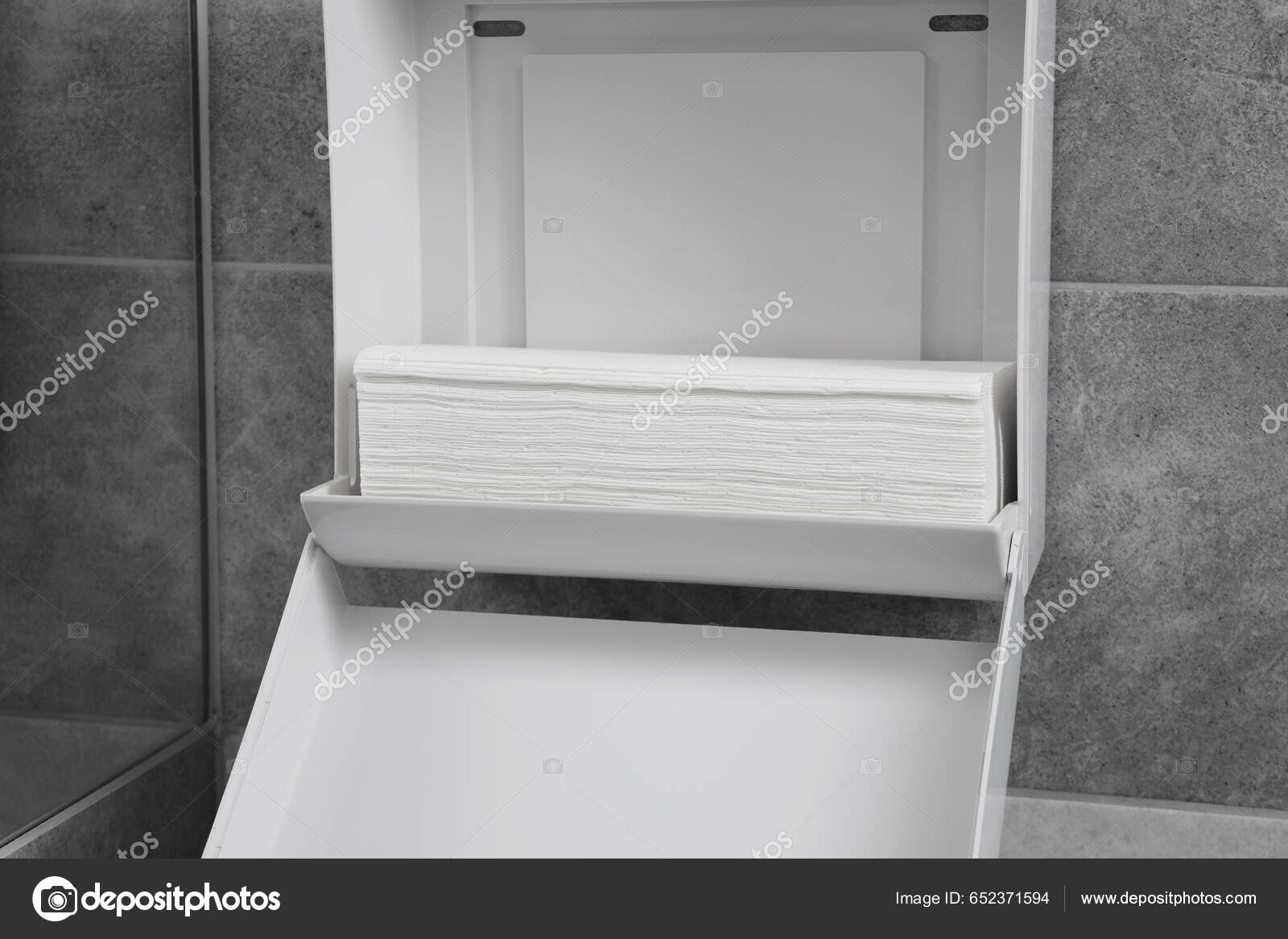New Open Paper Towel Dispenser Hanging Wall Bathroom Closeup Stock
