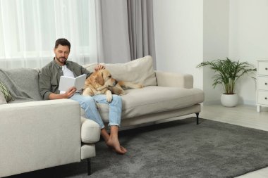 Evdeki şirin Labrador Retriever 'ının yanındaki kanepede kitap okuyan adam. Metin için boşluk