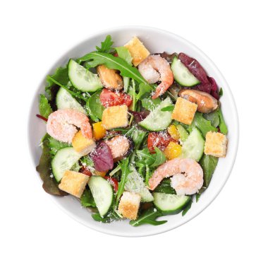 Ekmek arası salata, salatalık ve karides.