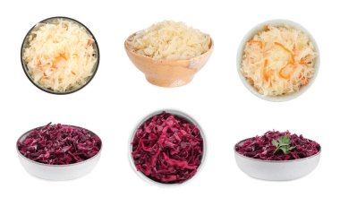 Beyaz arka planda farklı lezzetli lahana turşusuyla kolaj