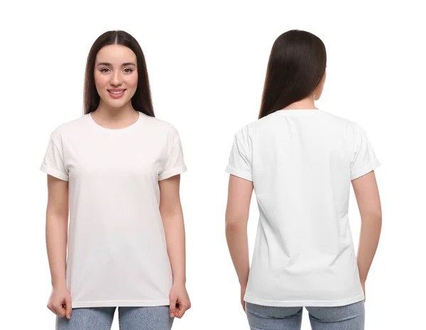 Γυναίκα Φοράει Casual Shirt Λευκό Φόντο Mockup Για Σχεδιασμό Κολάζ — Φωτογραφία Αρχείου